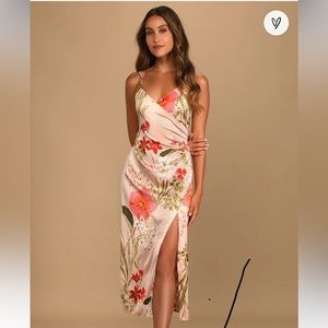 NWT LuLus Medium Remarkable Entrance Pink Floral Print Satin Midi Dress